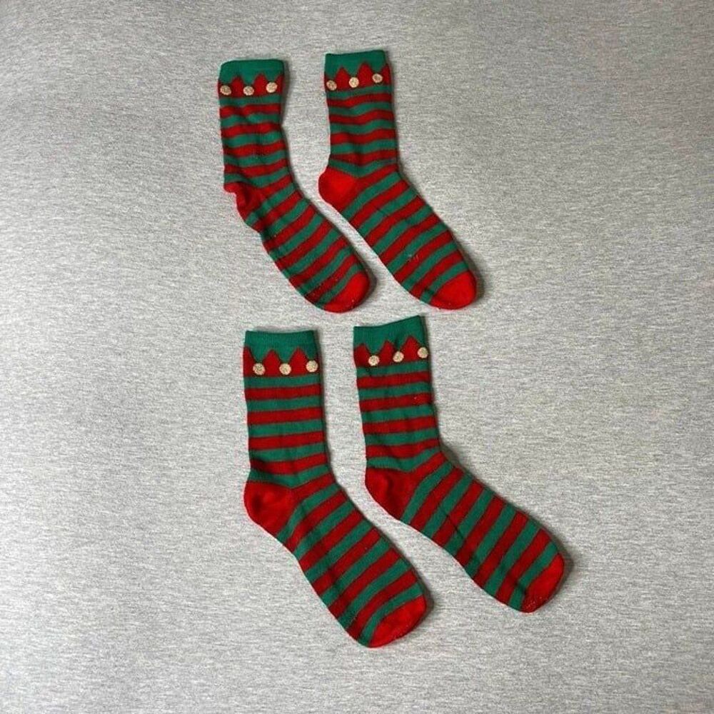 Kohl's Sonoma Women's Green & Red Xmas Elf Bootie Striped Crew Socks 2 PCS. Set